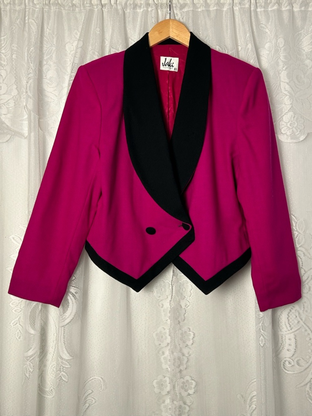 Vintage 1980s Hot Pink Tuxedo Jacket Black Trim Pointed Front Blazer Petite 10 - Picture 2 of 10
